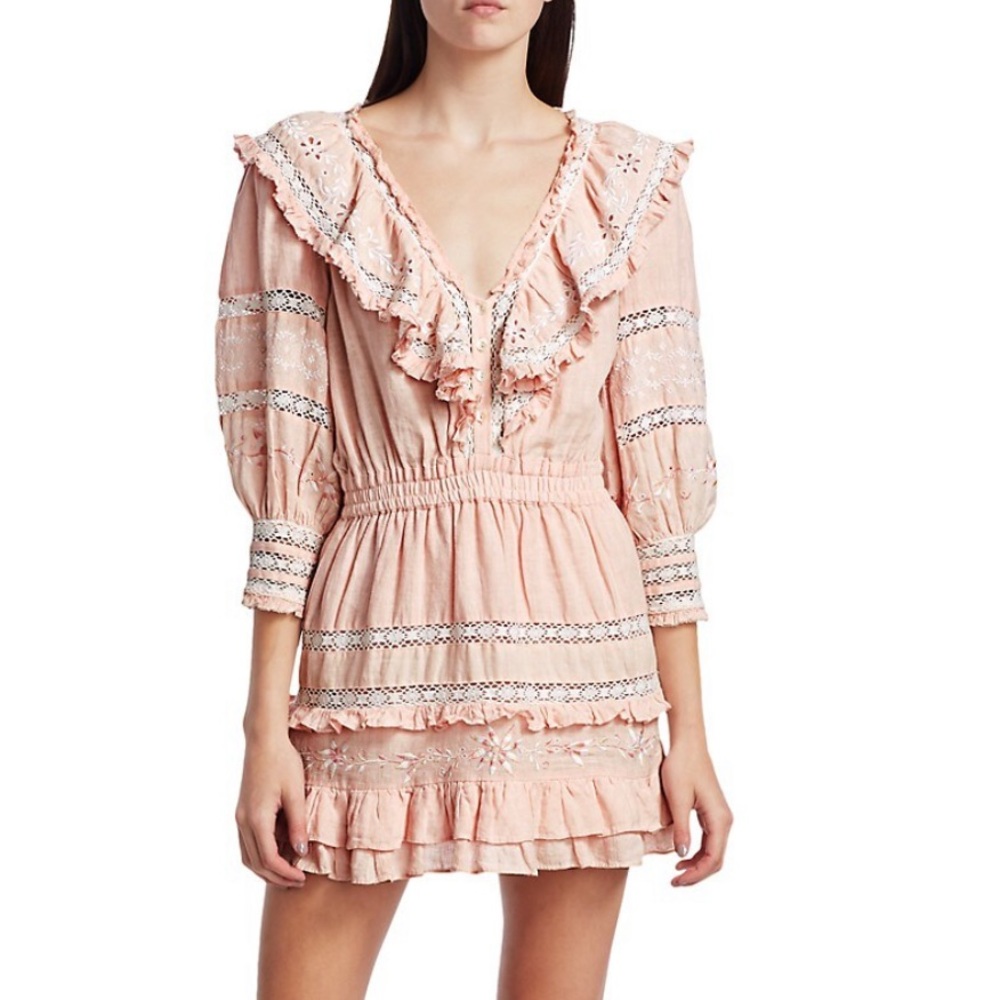 Loveshackfancy Deacon Pink Puff Sleeve Ruffle Embroidered Linen Mini Dress